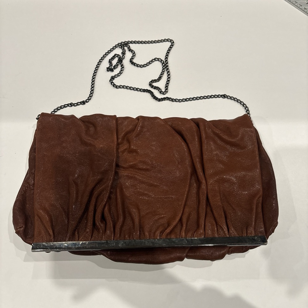 Ruched Brown Leather Wristlet Clutch with Chain Strap